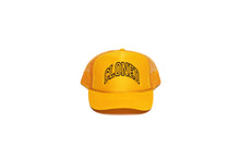 Load image into Gallery viewer, Gold Mesh trucker hat with Cloned embroidered  in black collegiate letters in an Arc across the front panels, front view.