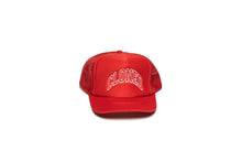 Load image into Gallery viewer, Red Mesh trucker hat with Cloned embroidered in white collegiate letters in an Arc across the front panels, front view.