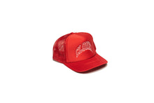 Load image into Gallery viewer, Red Mesh trucker hat with Cloned embroidered in white collegiate letters in an Arc across the front panels, diagonal view.