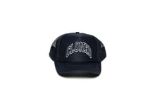 Load image into Gallery viewer, Black Mesh trucker hat with Cloned embroidered  in collegiate letters in an Arc across the front panels, Front view.