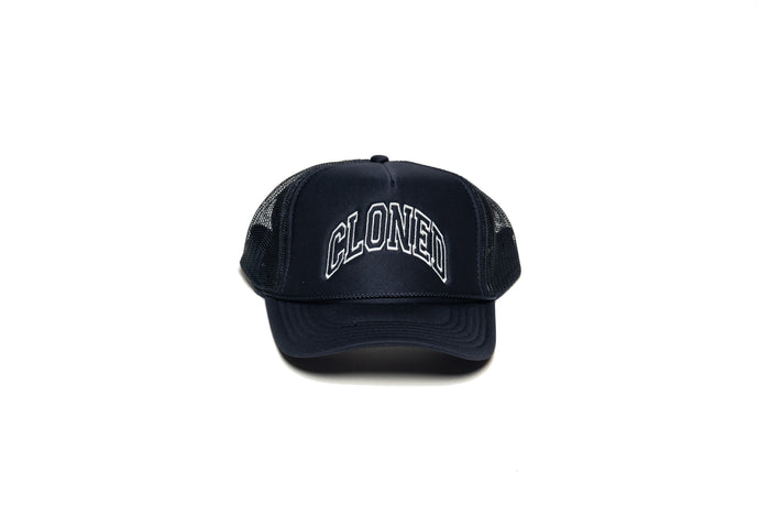 Black Mesh trucker hat with Cloned embroidered  in collegiate letters in an Arc across the front panels, Front view.