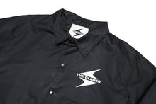 Load image into Gallery viewer, Coach Jacket with White Logo, Black, Front View Close on the Collar and Logo