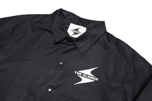 Coach Jacket with White Logo, Black, Front View Close on the Collar and Logo