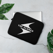 Load image into Gallery viewer, 13 inch Black laptop sleeve with white cloned logo with computer peeking out