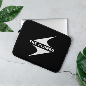 13 inch Black laptop sleeve with white cloned logo with computer peeking out
