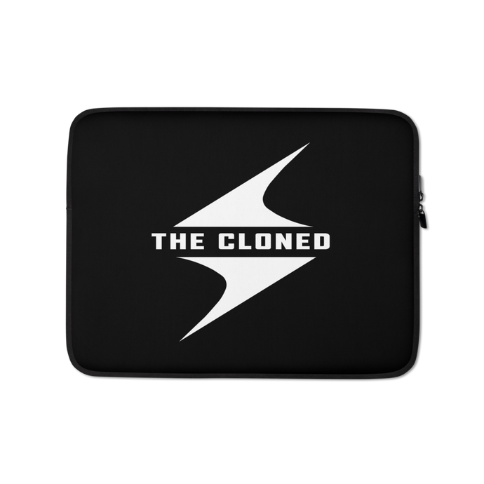 Black laptop sleeve with white cloned logo