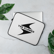 Load image into Gallery viewer, 13 inch White laptop sleeve with black cloned logo with computer peeking out