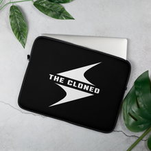 Load image into Gallery viewer, 15 inch Black laptop sleeve with white cloned logo with computer peeking out