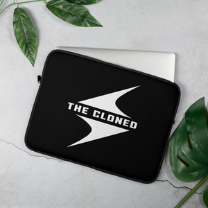 15 inch Black laptop sleeve with white cloned logo with computer peeking out