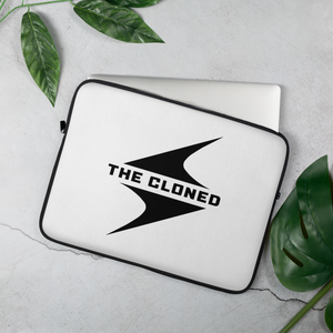 15 inch White laptop sleeve with black cloned logo with computer peeking out
